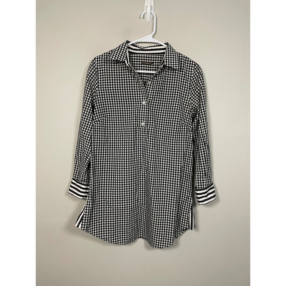 J.McLaughlin Gingham Checked Popover Tunic Top Black and White Size Small